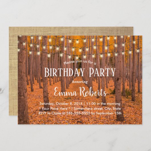 Rustic String Lights Autumn Bossen Birthday Party Kaart (Voorkant / Achterkant)