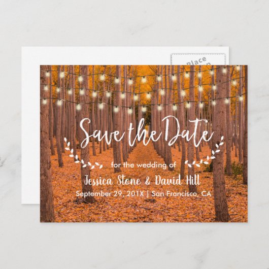 Rustic String Lights Autumn Wedding Save the Date Aankondigingskaart (Voorkant / Achterkant)