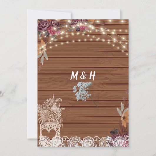 Rustic String Lights Baby's Breath Jar Wedding Kaart (Achterkant)