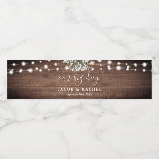 Rustic String Lights Baby's Breath Wedding Waterfles Etiket (Enkel label)
