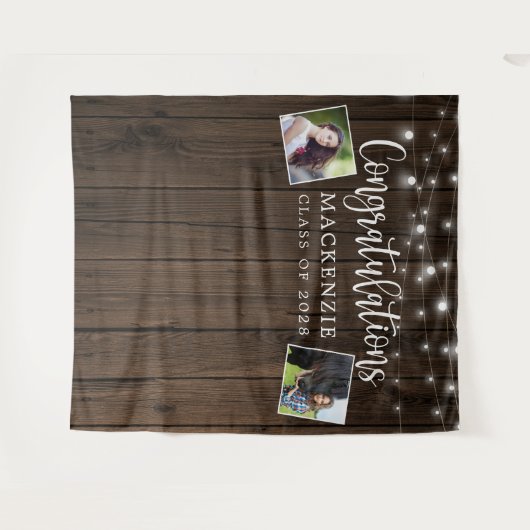 Rustic String Lights Barn Wood Afstuderen Foto Wandkleed (Voorkant (horizontaal))