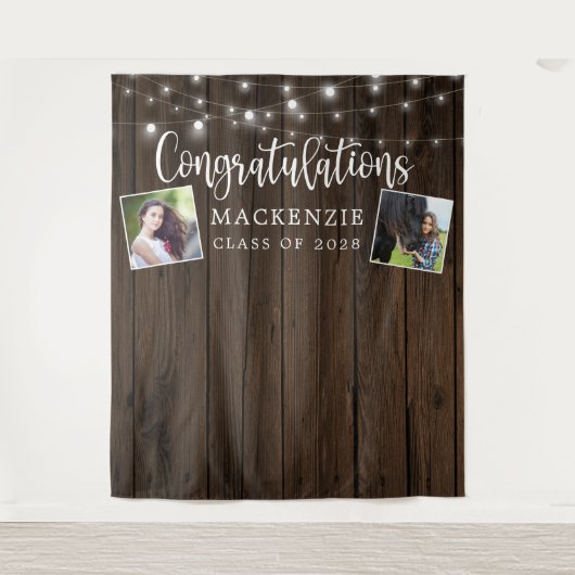 Rustic String Lights Barn Wood Afstuderen Foto Wandkleed (Voorkant)