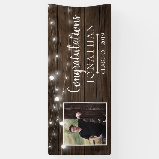 Rustic String Lights Barn Wood Afstuderen Spandoek (Verticaal)