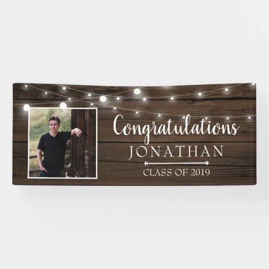 Rustic String Lights Barn Wood Afstuderen Spandoek (Horizontaal)