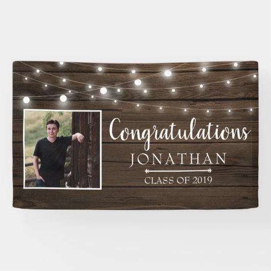 Rustic String Lights Barn Wood Afstuderen Spandoek (Horizontaal)