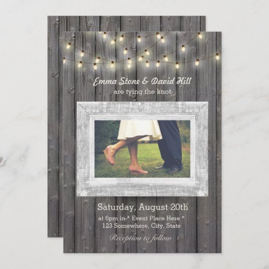 Rustic String Lights Barn Wood Photo Wedding Kaart (Voorkant / Achterkant)