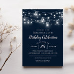 Rustic String Lights Birthday Party Uitnodiging<br><div class="desc">Betaalbare op maat gedrukte uitnodigingen voor verjaardagsfeestjes met een gebruiksvriendelijke sjabloon voor aanpassing. Dit rustige chic-ontwerp kenmerkt strengen gloeilampen en moeraspotten op een donkerblauw marineklein. Pas de uitnodiging aan met de details van uw verjaardagsdiner of pas de tekst aan om voor om het even welke gebeurtenis te gebruiken. Gebruik de...</div>