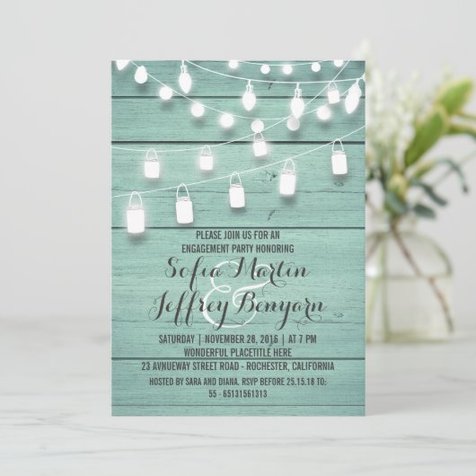 Rustic String Lights Blauwgroen verlovingsfeest Kaart (Staand voorkant)