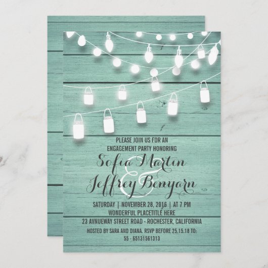 Rustic String Lights Blauwgroen verlovingsfeest Kaart (Voorkant / Achterkant)