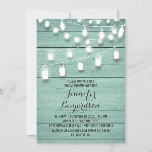 Rustic String Lights Blauwgroen Vrijgezellenfeest Kaart (Voorkant)