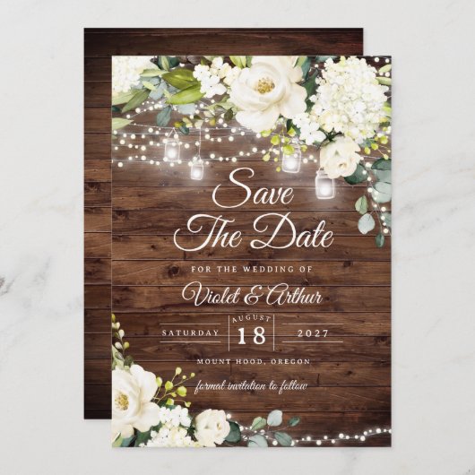 Rustic String Lights Bloemen bruiloft Save the dat Kaart (Voorkant / Achterkant)