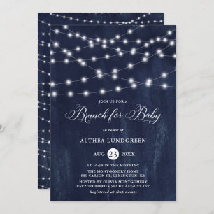 Rustic String Lights Blue Baby shower Brunch Kaart