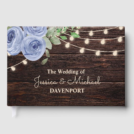 Rustic String Lights Blue Floral Wedding Gastenboek (Voorkant)