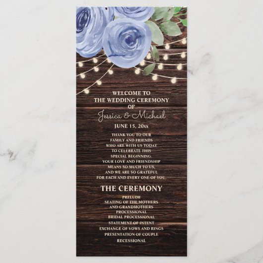 Rustic String Lights Blue Floral Wedding Programme Programmakaart (Voorkant)