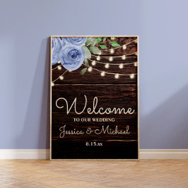Rustic String Lights Blue Floral Wedding Welcome Poster