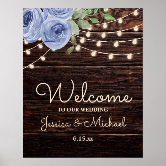 Rustic String Lights Blue Floral Wedding Welcome Poster (Voorkant)