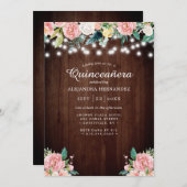 Rustic String Lights Blush Floral Quinceañera Kaart (Voorkant / Achterkant)