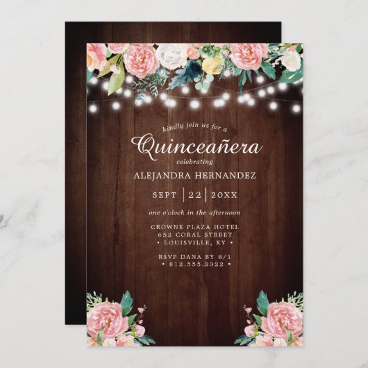 Rustic String Lights Blush Floral Quinceañera Kaart (Voorkant / Achterkant)