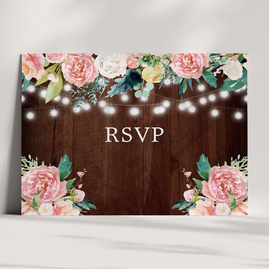 Rustic String Lights Blush Floral Wedding RSVP Briefkaart