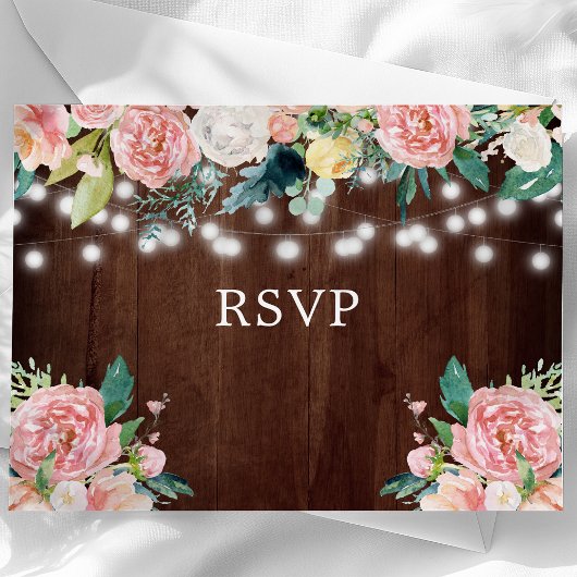 Rustic String Lights Blush Floral Wedding RSVP Briefkaart