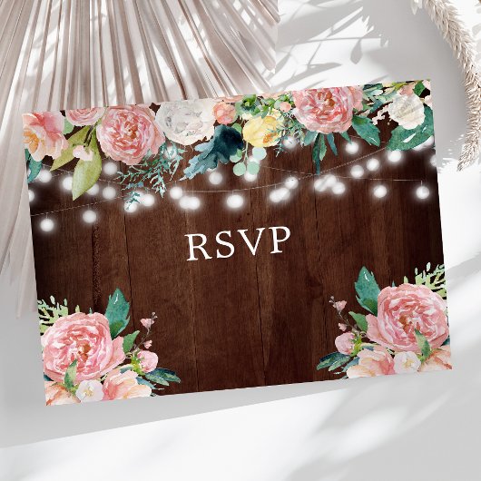 Rustic String Lights Blush Floral Wedding RSVP Briefkaart