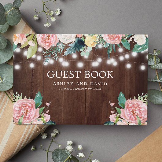 Rustic String Lights Blush Pink Floral Wedding Gastenboek