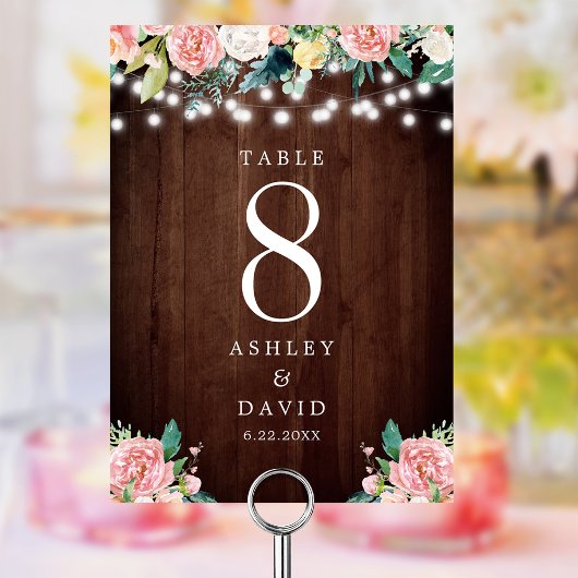 Rustic String Lights Blush Pink Floral Wedding Kaart