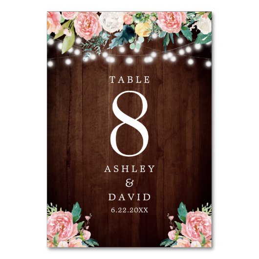 Rustic String Lights Blush Pink Floral Wedding Kaart (Voorkant)