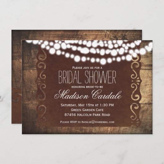 Rustic String Lights Bridal Shower Invitations Kaart (Voorkant / Achterkant)