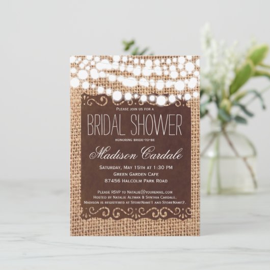Rustic String Lights Bridal Shower Invitations Kaart (Staand voorkant)