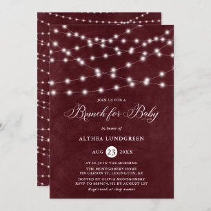 Rustic String Lights Burgundy Baby shower Brunch Kaart