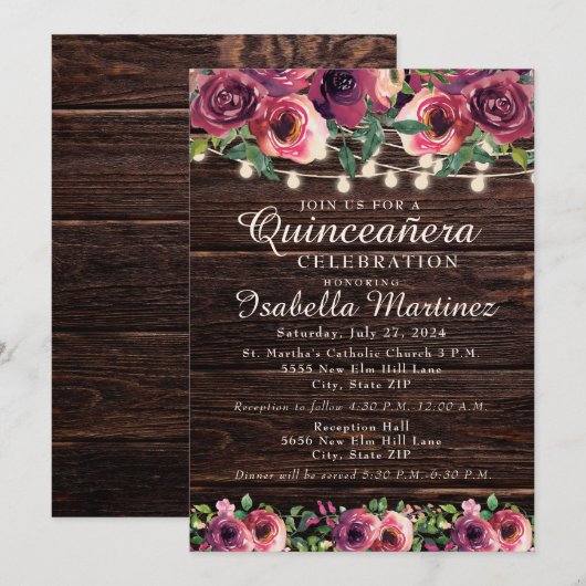 Rustic String Lights Burgundy Floral Quinceañera Kaart (Voorkant / Achterkant)