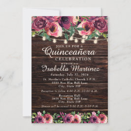 Rustic String Lights Burgundy Floral Quinceañera Kaart