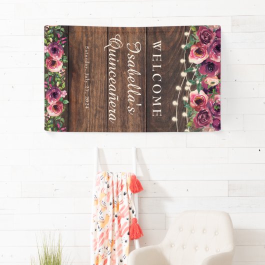 Rustic String Lights Burgundy Floral Quinceañera Spandoek (Insitu)