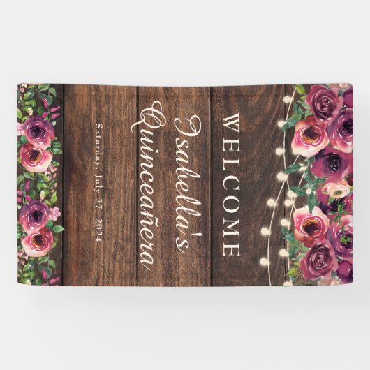 Rustic String Lights Burgundy Floral Quinceañera Spandoek (Horizontaal)