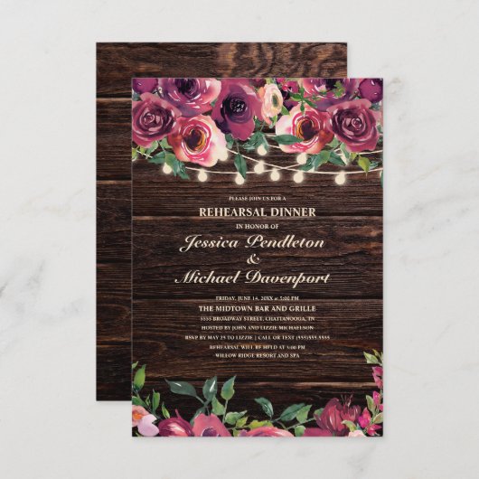 Rustic String Lights Burgundy Floral Rehearsal Kaart (Voorkant / Achterkant)