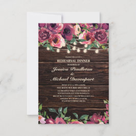 Rustic String Lights Burgundy Floral Rehearsal Kaart