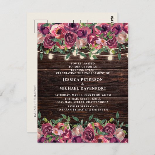 Rustic String Lights Burgundy Floral Verloving Briefkaart (Voorkant / Achterkant)
