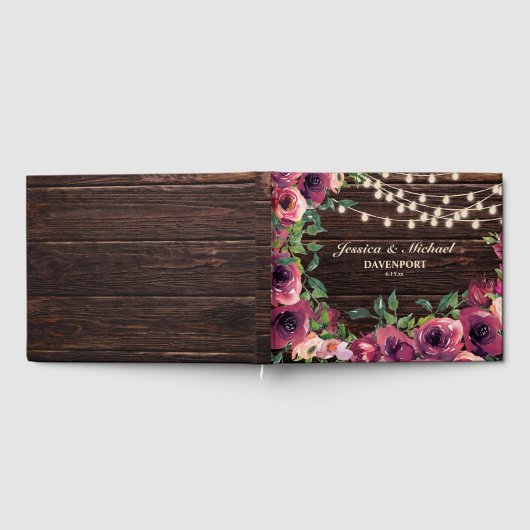 Rustic String Lights Burgundy Floral Wedding Gastenboek (Volledig)