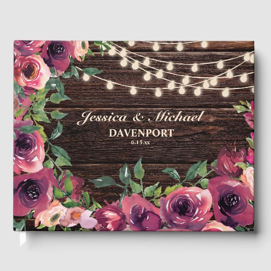Rustic String Lights Burgundy Floral Wedding Gastenboek (Voorkant)