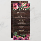 Rustic String Lights Burgundy Floral Wedding Menu (Voorkant / Achterkant)