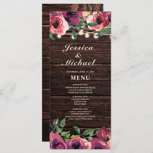 Rustic String Lights Burgundy Floral Wedding Menu (Voorkant / Achterkant)