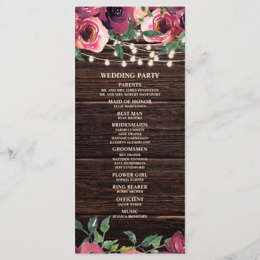 Rustic String Lights Burgundy Floral Wedding Programmakaart (Achterkant)
