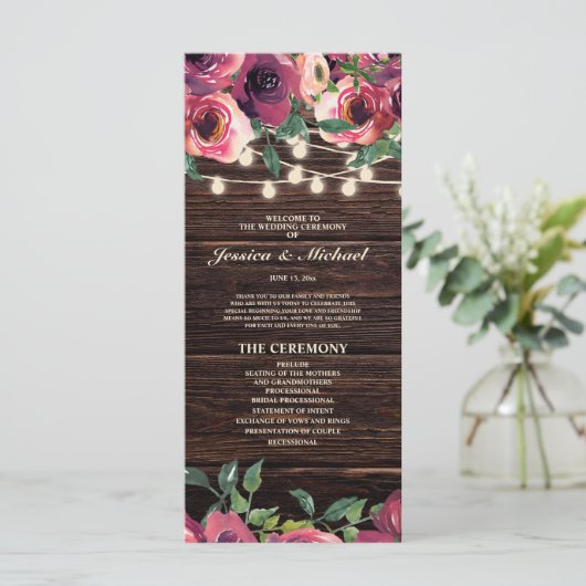 Rustic String Lights Burgundy Floral Wedding Programmakaart (Staand voorkant)