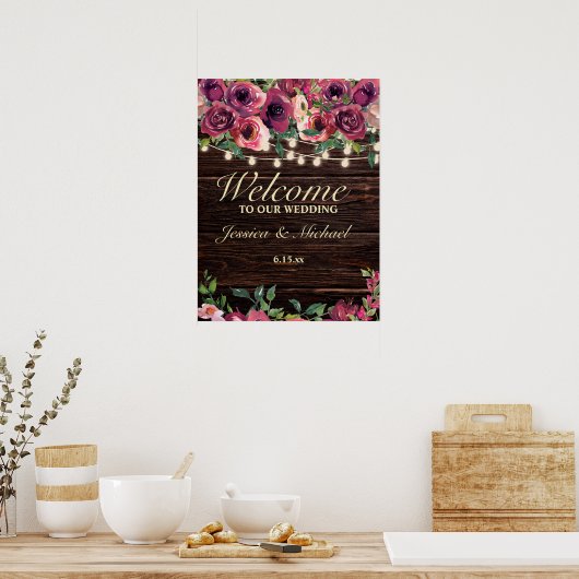 Rustic String Lights Burgundy Floral Wedding Sign Poster (Keuken)