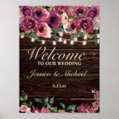 Rustic String Lights Burgundy Floral Wedding Sign Poster (Voorkant)