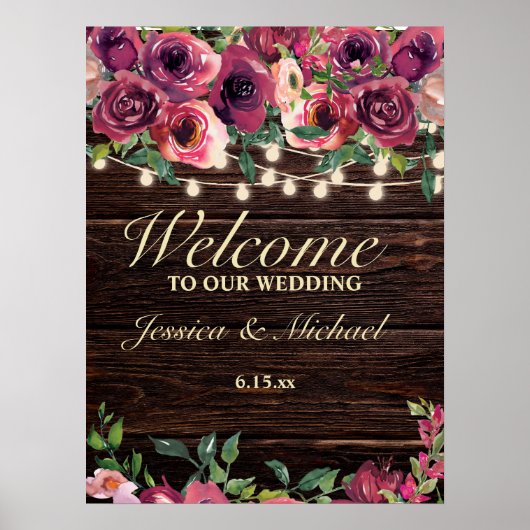Rustic String Lights Burgundy Floral Wedding Sign Poster (Voorkant)