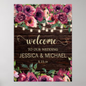 Rustic String Lights Burgundy Pink Floral Wedding Poster (Voorkant)