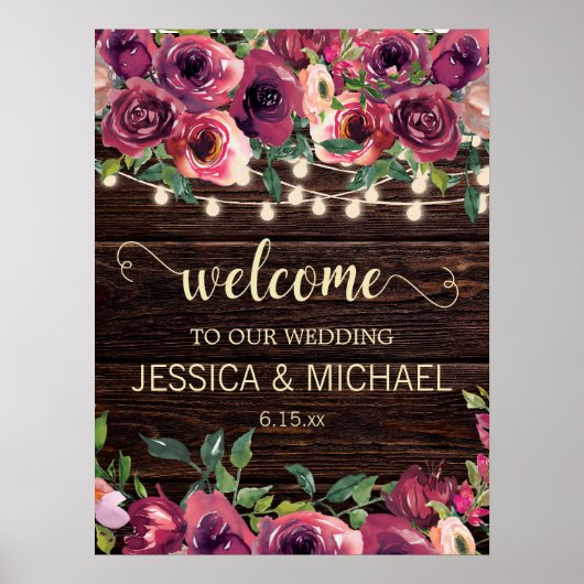 Rustic String Lights Burgundy Pink Floral Wedding Poster (Voorkant)
