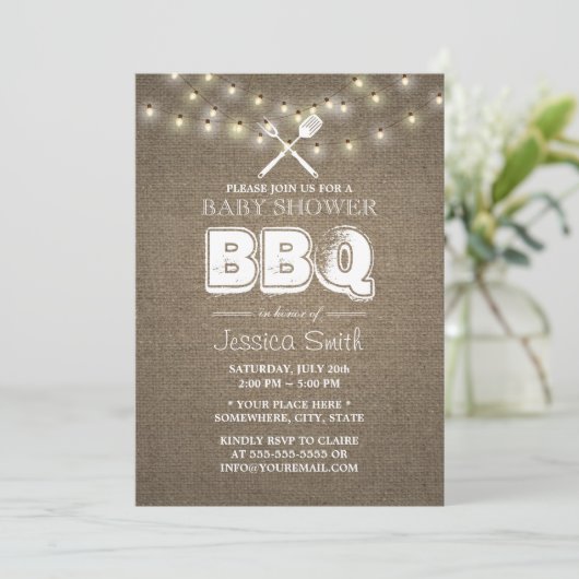 Rustic String Lights Burlap BBQ Baby shower Kaart (Staand voorkant)